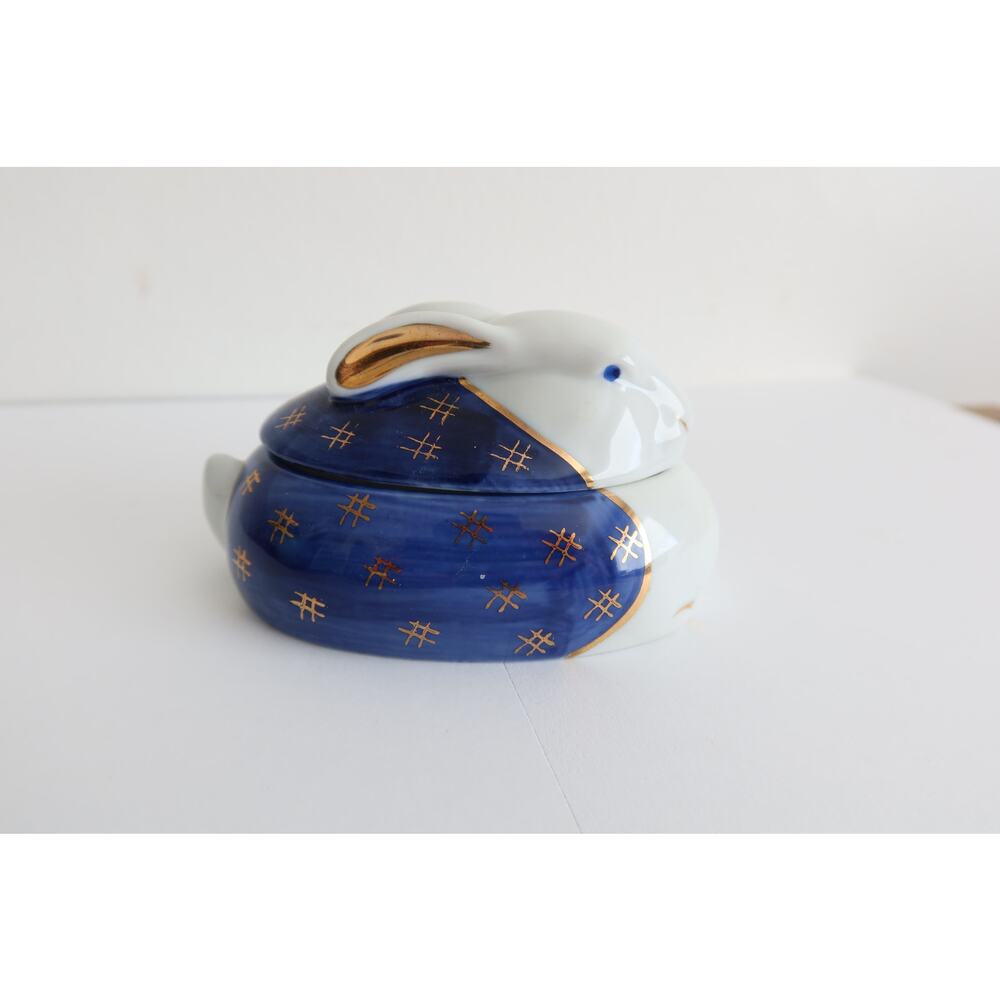 Otagiri Japan Porcelain Bunny Trinket Box Blue White and Gold Ceramic